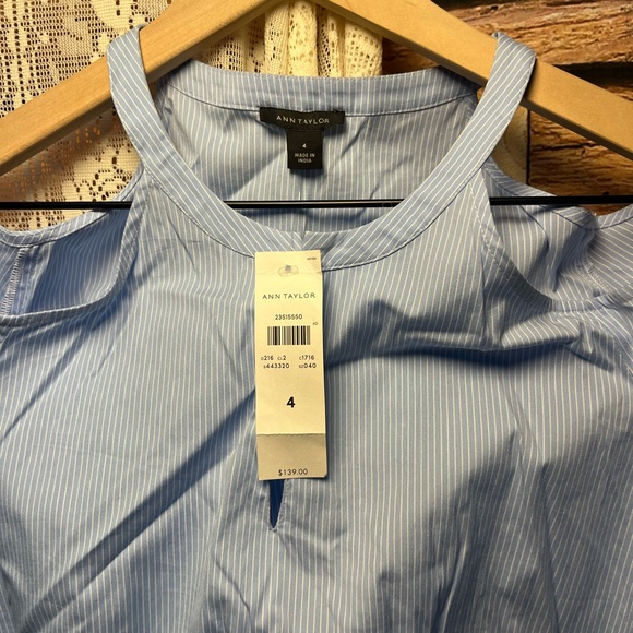 Ann Taylor Blue and White Pin Stripe Cold Shoulder Ruffle Dress (102) - Picture 3 of 9